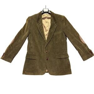 Lands' End Mens Corduroy Blazer Jacket Olive Green Size 46L Elbow Patch USA Made